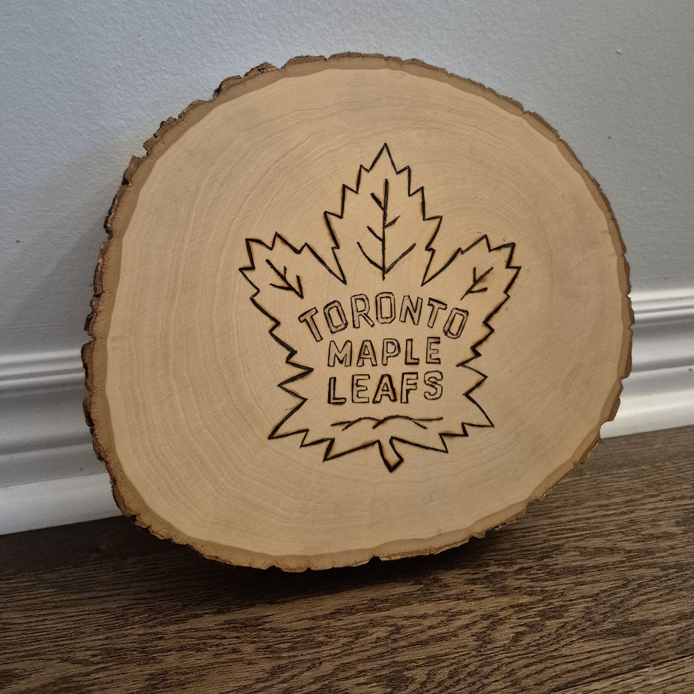 Toronto Maple Leafs Handmade Live Edge Wood Slab Cheese Logo Board